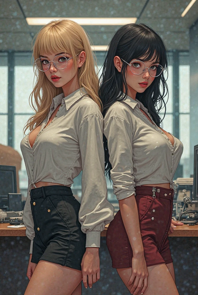 Silver Wolf, Horn Demon Star Orbit, 1girll, 独奏, ((white shirt)), black thighhigns, nedium breasts,, 校服, office backdrop, a black skirt, pleatedskirt, office room, hair between eye, hair adornments,big cleavage breasts, long whitr hair, looking at viewert, silver short nails, Gray eye, 独奏, Thighs, thighs, upper legs, ((tmasterpiece)), Sat down, a chair, desks, Computer on the desk, name badge, ID tags, inside in room, Be red in the face, a sexy pose, with hands behind her back,((Office top)),Large breasts,sensual breasts,Sexy abs,exposing her chest,Exposing the abdomen,breasts out --auto