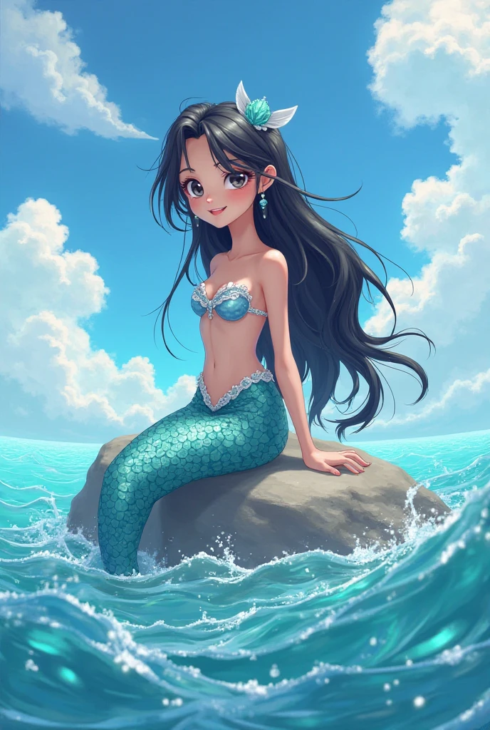 mermaid, black skin color, Blue long hair, greeneyes, small chest