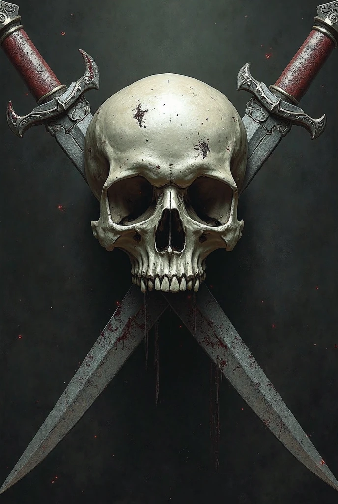 Make a logo with a black background in front of a skull with an open mouth while around it there are blood stains behind it that have 2 straight gray swords that make a V shape and behind that a red V for vendetta can be seen while blood is dripping from it
