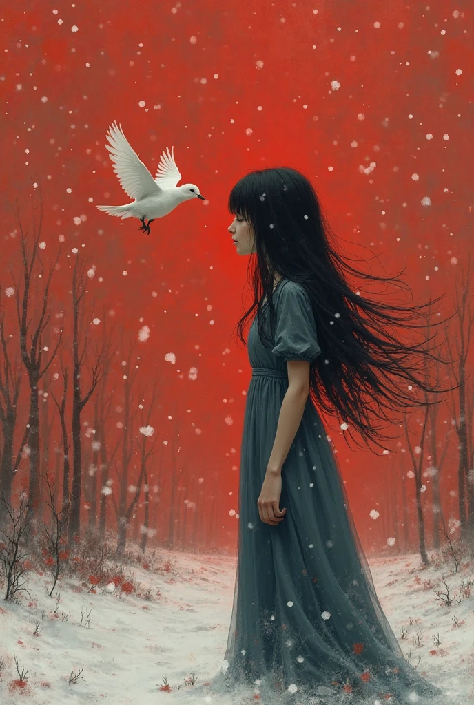 painting of a bullfinch sits on a branch, winter, snowfall, a woman with white skin and red lips in a Slavic white costume and kokoshnik leaned over him, dark atmosphere, cinematic scene, volumetric lights, ultra realistic, in the style of nicola samori