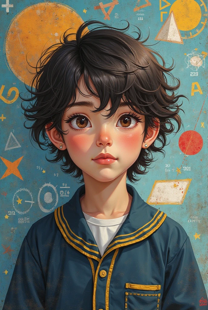 A boy with curly browm hair and galaxy pupils saw Qian's eyes glowing Q printmaking style