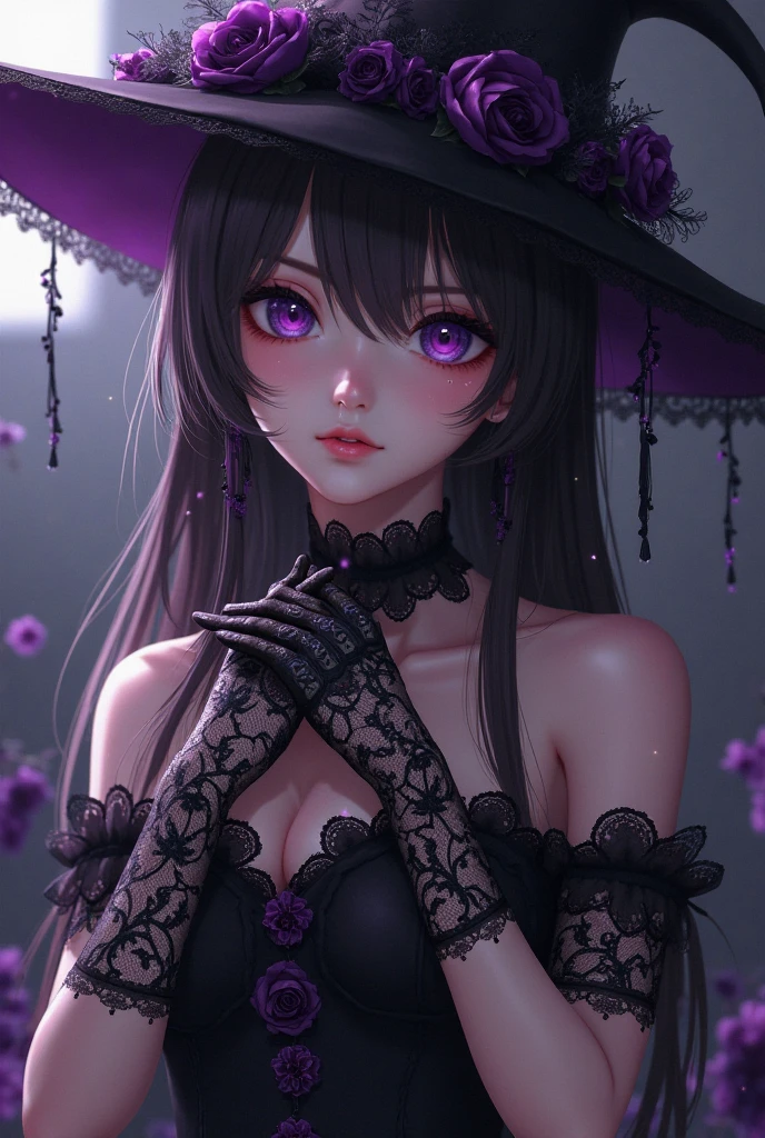 absurdres, RAW photo, extremely delicate and beautiful, masterpiece, Best Quality, ultra high resolution, 32k, hyperrealistic, ultra-detailed, delicate facial features, beautiful detailed woman, tearful mole, earring, medium breasts, full body shot, medium hair, black hair, Witch,