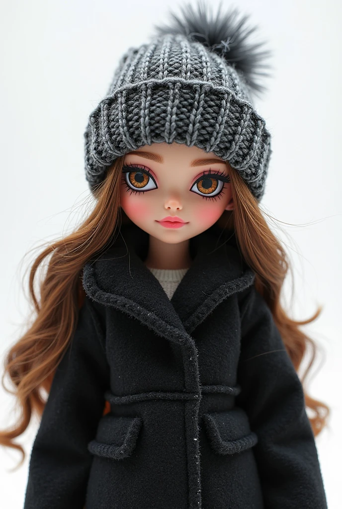 Blythe doll:
Skin color: Brunette Hair:Long and semi straight Color: Dark brown eyes color: Brown, attractive and expressive Facial Features:Some polka dots Clothing:Pink winter outfit, includes coat, scarf, gloves, cap, pants and boots, all in shades of pink