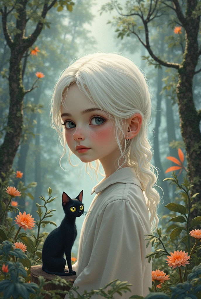 A child girl with black eyes and short black hair, with wolf ears and wolf tail, in white dress, with a tall woman, with white hair, with golden yellow eyes, 3 basics, and a black dress.