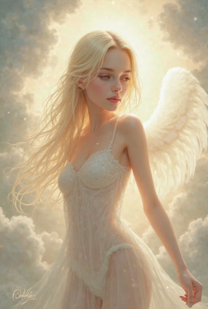 high quality, highly detailed, Imagine a dreamlike scene with a beautifull female angel, she have Golden blonde hair and white longe wings. Longe silver dress and she have powerfull aura, she have Green eyes and gently aspect, Celestia. Full body portrait