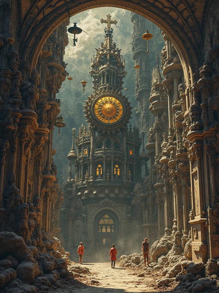 gothic beauties, inspired by Salvador Dali, } interact with bizarre mechanisms, steampunk entourage, distorted proportions, gothic arches, photorealistic, drawn in detail, high-quality, Surreal, gothic fantasy , gothic engine,  Gothic architecture , rich, dark atmosphere, complex composition, physics-based rendering, detailed study, High detail, 8k