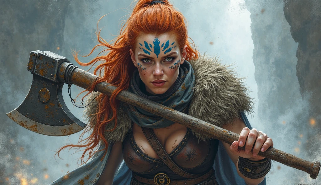 (masterpiece:1.2), (best quality:1.2), perfect eyes, perfect face, perfect lighting, 1girl, mature barbarian woman, close-up portrait, long messy red hair, under cut, moles, blue eyes, slicked back hair, (((warpaint, face paint))), unimpressed, arched eyebrow, fantasy, detailed snowy outfoor outdoor background, thick eyelashes <lora:warPaint_warPaint:1>