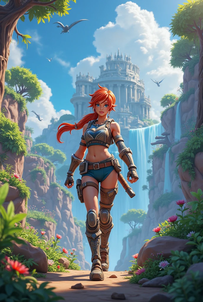 This image represents a beautiful scene from the fantasy world. It is during the day or early afternoon and the atmosphere is calm and great. In the foreground a female character appears sitting with her back to the viewer. She has long red braided hair and wears a plaid miniskirt with stockings and a tank top, very sexy, rope belt. In the background, we see a magnificent city built on a steep mountain or island. The city's architecture is reminiscent of the Middle Ages and the Renaissance, characterized by tall spiers and dense buildings and futuristic elements. High above the city, there are buildings that look like castles and palaces that rise above the rest. Below the city, there are lush green fields and scattered small buildings, which may be farms or towns. The landscape is lush and green with trees surrounding the settlements. Several ships are anchored at the foot of the mountains and islands, suggesting that the city is an important port city. The sky is light blue with very few clouds, indicating that it is daytime or early afternoon. The overall atmosphere is calm and grand, suggesting stories of adventure, exploration, or political intrigue in this fantasy world (art inspired by Bill Sienkiewicz). oil painting)
