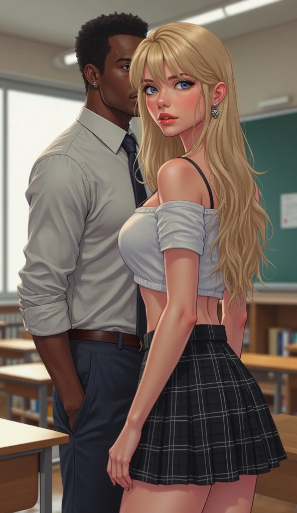 A handsome black man and a white college girl in a room, handsome man and college girl passionately kissing another, huge-breasted realistic college lgirl, attractive , popular on CGSTATION, passionately kissing together, grabbing her breasts,