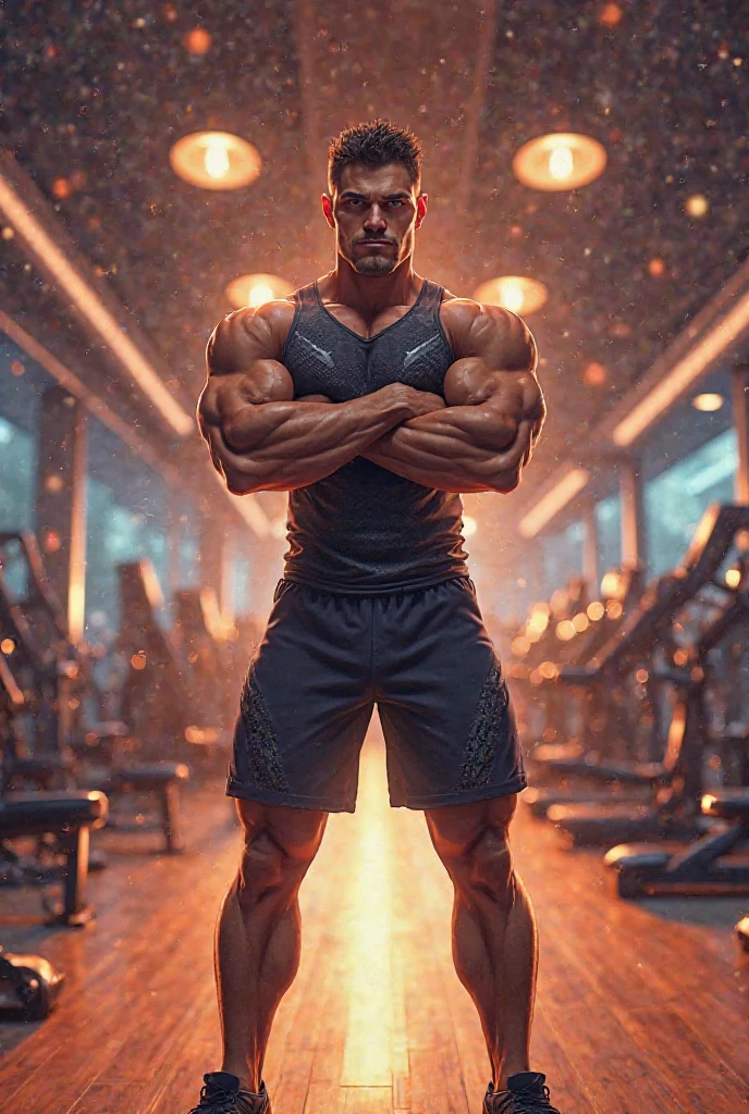a man posing for a picture in a gym, inspired by Ryan Barger, big biceps, sealed super joe biden, two piece workout clothes, bryce 3 d style