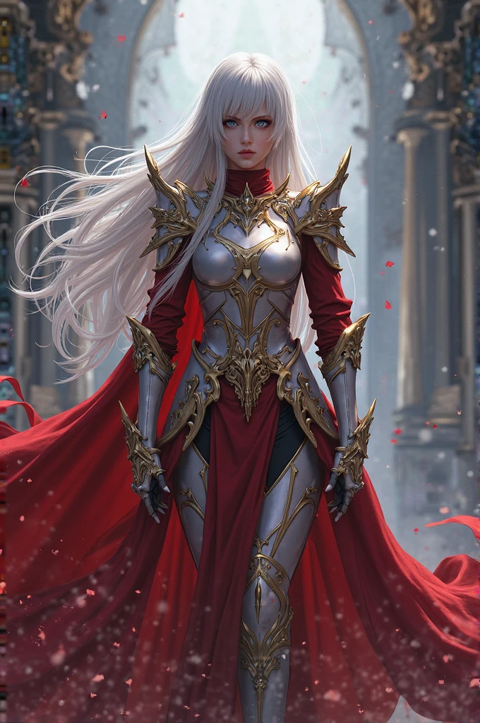 (masterpiece, best quality) 1girlsolo (the empress:1.15) platinum blonde, long hair (red cape) curtain, armored dress, queen dress, aurora (sunshine, sky, river, forest) expressionless, red eyes, very long hair (art nouveau:1.2) alphonse mucha, tiara (face focus, upper body) sit (red throne:1.12) crossing legs, highly intricate details, realistic light, smile