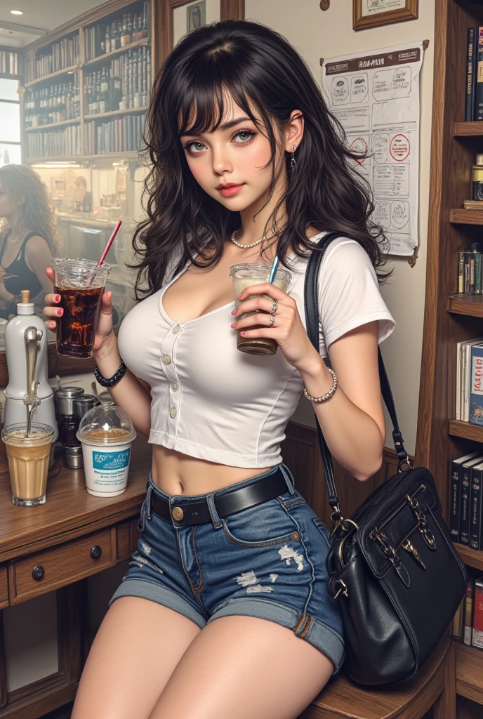 Black hair, 1girll, In the café, sit on chair, drinking a coffee, White neckline shirt, denim short, To the audience, Sit with your legs crossed, mediuml breasts, Thin waist and thick hips, juicy legs, perfect bodies, The weather is hot, Sweat, wet see through clothes, Red hair, Curly hair, Moles under eyes, Moaning, surrealism, Verism, Fuji colors, Cowboy shot, in a panoramic view, 8K, Super detail, Anatomically correct, hyper HD, hyper HD, Super detail, Masterpiece