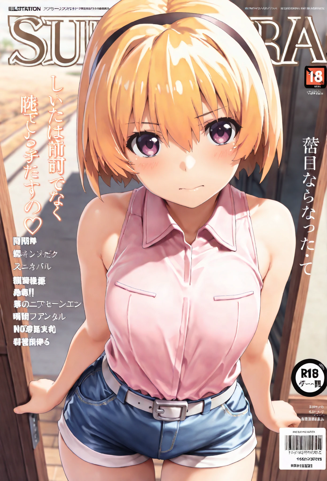 (best quality :1.2), satokoIllustrious, short hair, bangs, blonde hair, hair between eyes, purple eyes, bare shoulders, shorts, sleeveless, collared shirt, white belt, short shorts, sleeveless shirt, blue shorts, denim shorts, pink shirt, shirt tucked in, black hairband BREAK magazine cover(((best quality))),(((super detailed))),(((Masterpiece))),illustration,1 girl,solo