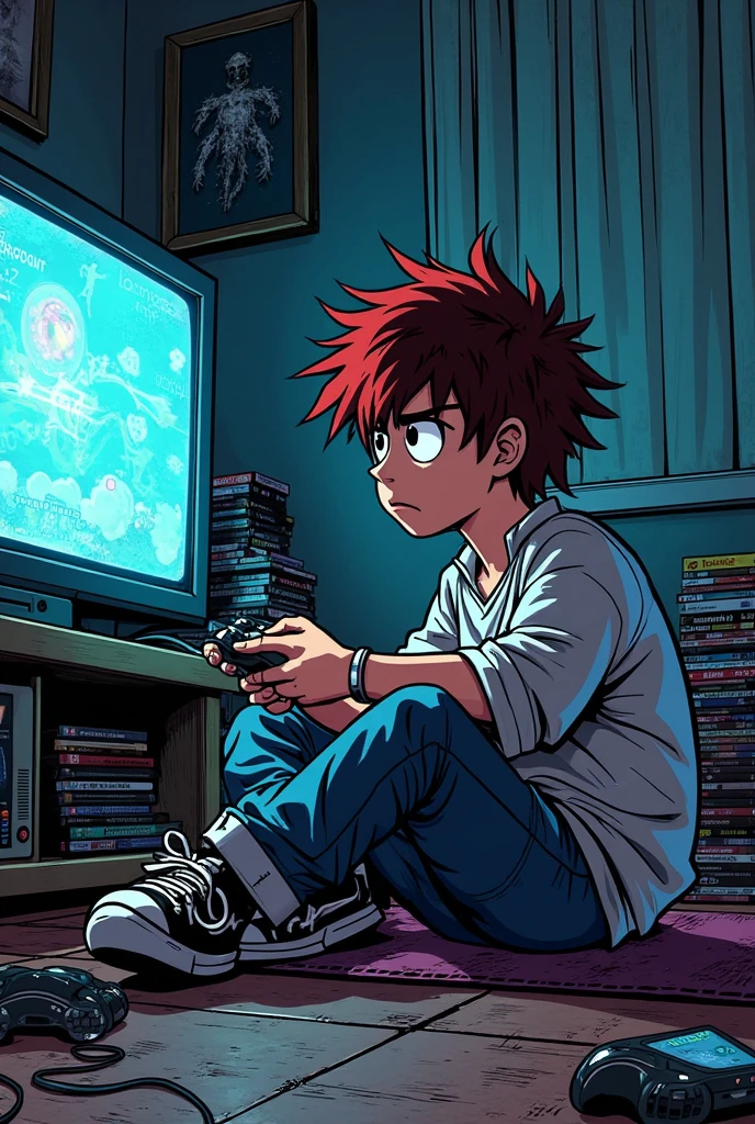 Edward, tan skin, tomboy, midriff, orange hair, (white loose shirt), off shoulder, spiked hair, barefoot, bike shorts, brown eyes, goggles on head, upper body,
space station, sitting on gaming chair, ((holding nintendo game controller)) (playing video games) full body
(insanely detailed, beautiful detailed face, masterpiece, best quality) volumetric lighting, best quality, masterpiece, intricate details, tonemapping, sharp focus, hyper detailed, cute smile