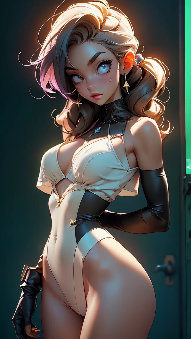 There are bright brown side ponytail and green eyes, hair on ears, gigantic breasts, clothes are high waist leg pants and thigh Pantyhose, wear clothing accessories, head accessories decoration, attribute is beautiful sister, identity is student