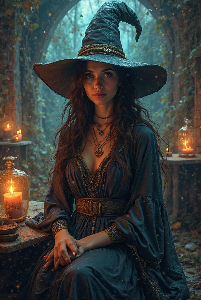 A full body girl in a pirate costume with black hair holding a glowing flask in her hand and surrounded by mermaid corpses on the surface