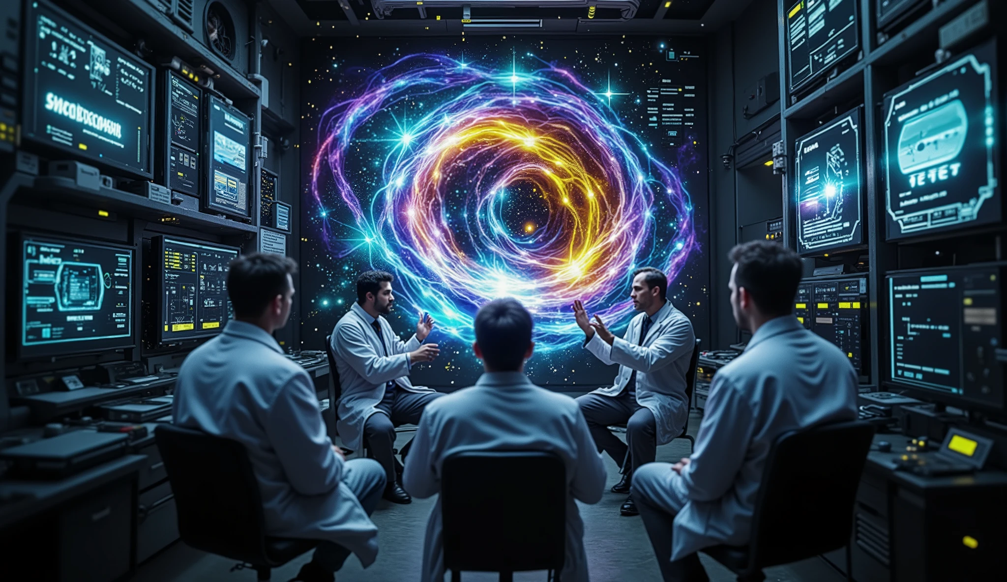 Scientists explain to Forrest Gump how time travel works, with holographic screens, 8K, Very detailed realistic image.