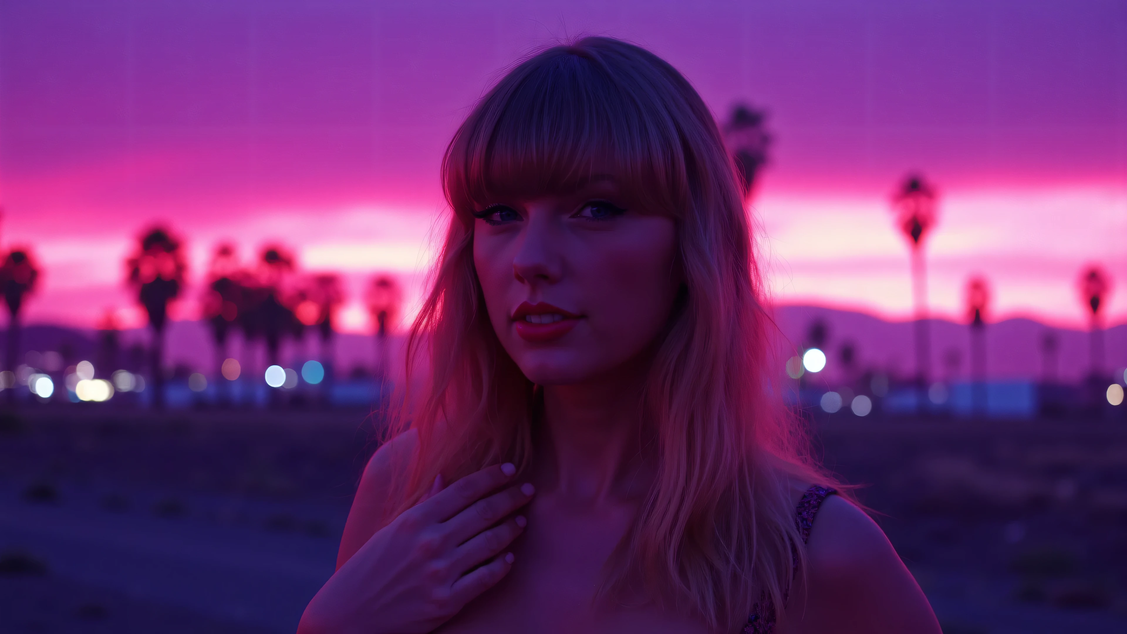 Midnight,rain, Taylor Swift - The Wonderful World of Love , Portrait, symmetrical face, human face, Taylor Swift, Reputation, 5 finger, Wonderfully , nice, 4K,cyberpunk, Neon Signs, retro_neon ,Neon retro , vivid sunset, pink and purple sky, synthwave aesthetics, nostalgia of the 80s, digital horizon, silhouetted palm trees, vaporwave atmosphere, softer, Ambient light, relaxing atmosphere , dreamlike landscape, futuristic paradise, warm neon hues, deep shades of purple and blue, surreal lighting.Alone, long hair, smile, Looking at the viewer, Bangs, blue eyes, blonde hair,