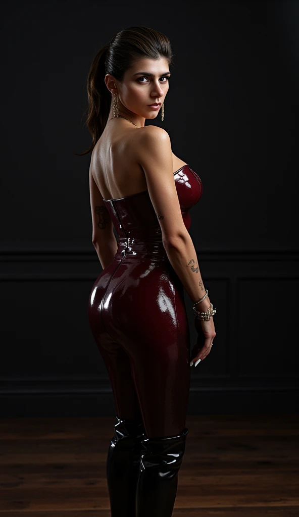 4k, high quality, hdr, uhd, high definition, beautiful, sexy, hot, perfect, muscular, bdsm mistress, ponytail hairstyle, slim thicc, perfect body, accentuated curves, femininity, tight, full body picture, platform high heels, body hugging, second skin, thick lips, red lipstick, cool lighting, shiny, latex choker