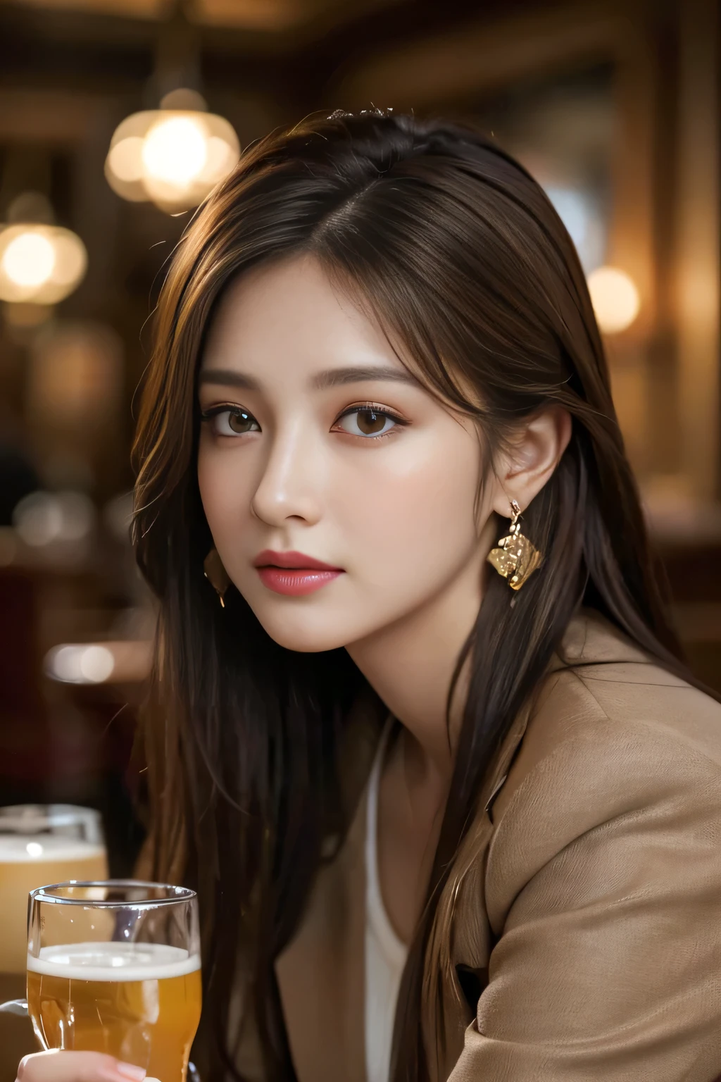 masterpiece, Highest quality, Realistic, Very detailed, Finer details, High resolution, 8k wallpaper, One beautiful woman, Wear an elegant white shirt, In a great restaurant, At night, Light brown messy hair, Perfect dynamic composition, Beautiful and beautiful eyes、Big earrings、