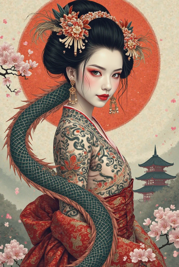 vintage poster of a Chinese woman with a dragon in her arms, in the style of Brian M. viveros, multi-layered compositions, takayuki takeya, uhd image, red and gray, intricate patterns and details,