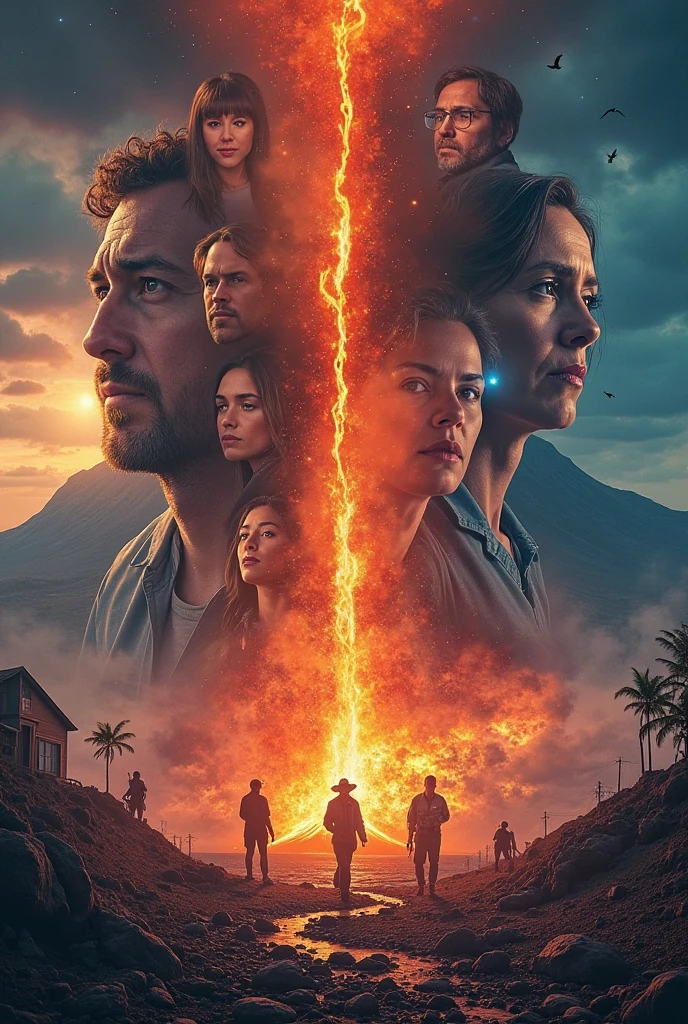 Create an image of 4 people, 2 men and two women in different parts of the world, illuminated by a mysterious light. One of the women has dark skin and one of the men is robust, has light skin-colored eyes and has slightly long hair with a monochromatic hair color.