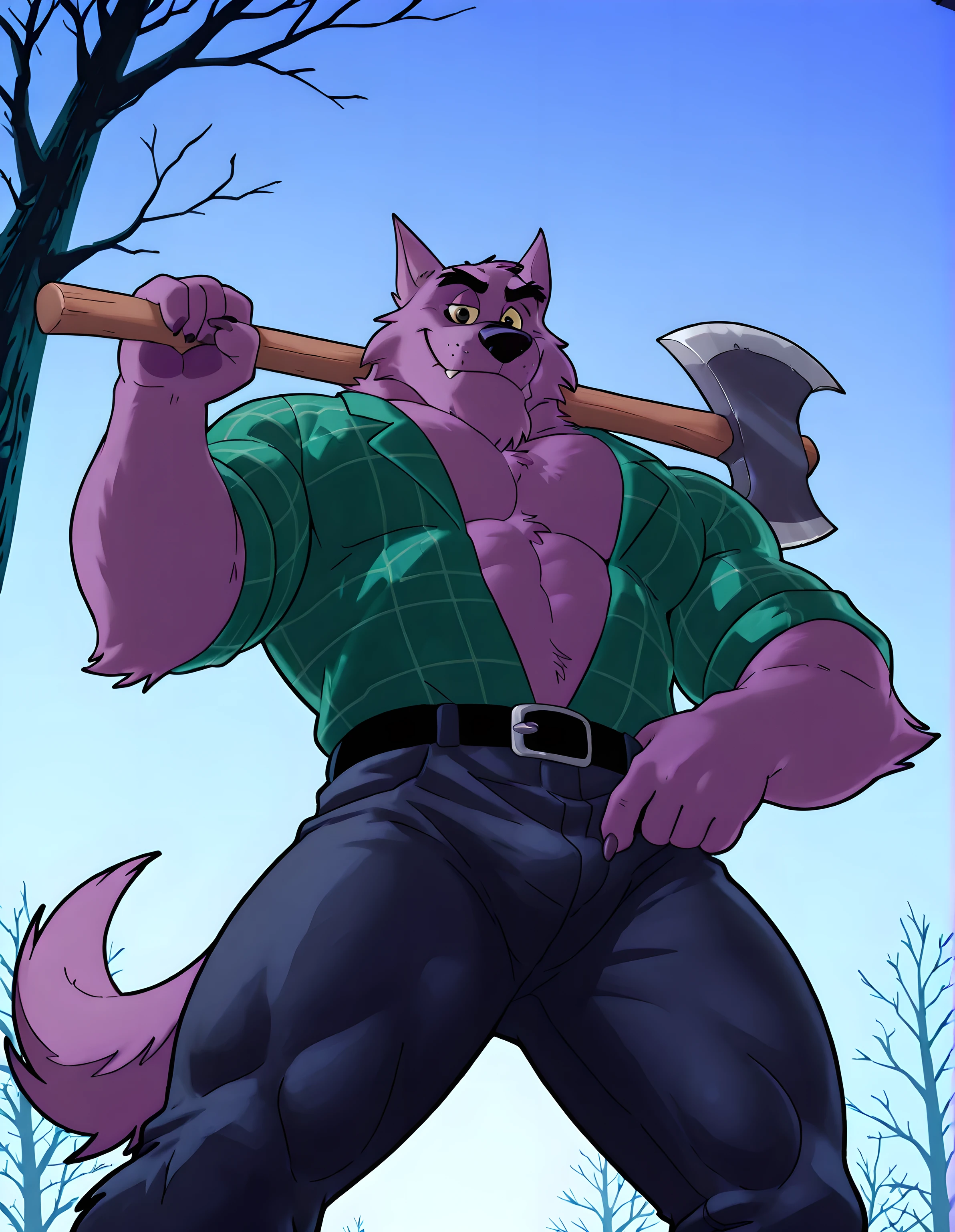 Bernard, Bernard_Mettle, werewolf, purple fur, yellow sclera, furry chest, black belt, dark blue pants, muscular, proud, strong, night background, dark forest, (black forest, blue sky), scary forest, half body, by anhes, looking at viewer, (eyes half closed), big body, solo, teal flannel shirt, sexy pose, (low-angle shot, from below), strong legs, holding axe on shoulder