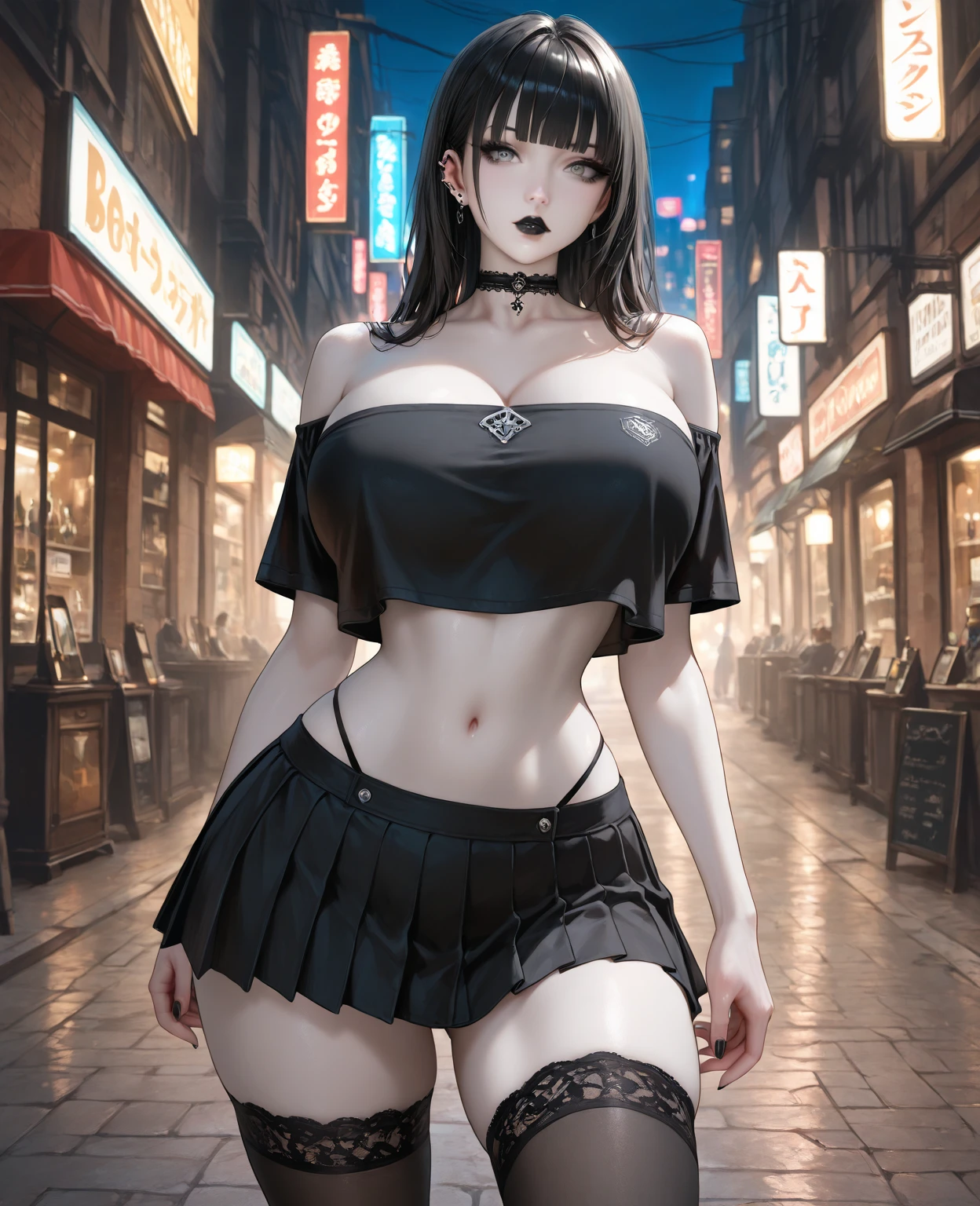 ((adult woman with 2 naked)),(long black hair, smile)),((hairy pussy, very large pussy piercing, chest piercing, big breasts, in a mini skirt without panties and open blouse, on the street, in night,standing