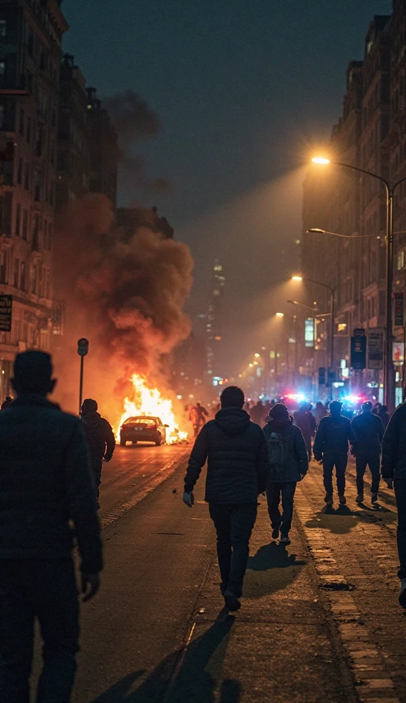 (8k, RAW photo, best quality, masterpiece:1.2), cinematic shot of chaotic riot on street of new york, water canon, car on fire, tear gas, red smoke, blue smoke, helicopter overhead, protesters running, taken on hasselblad camera, sharp focus, (depth of field:0.6), cinematic color grade