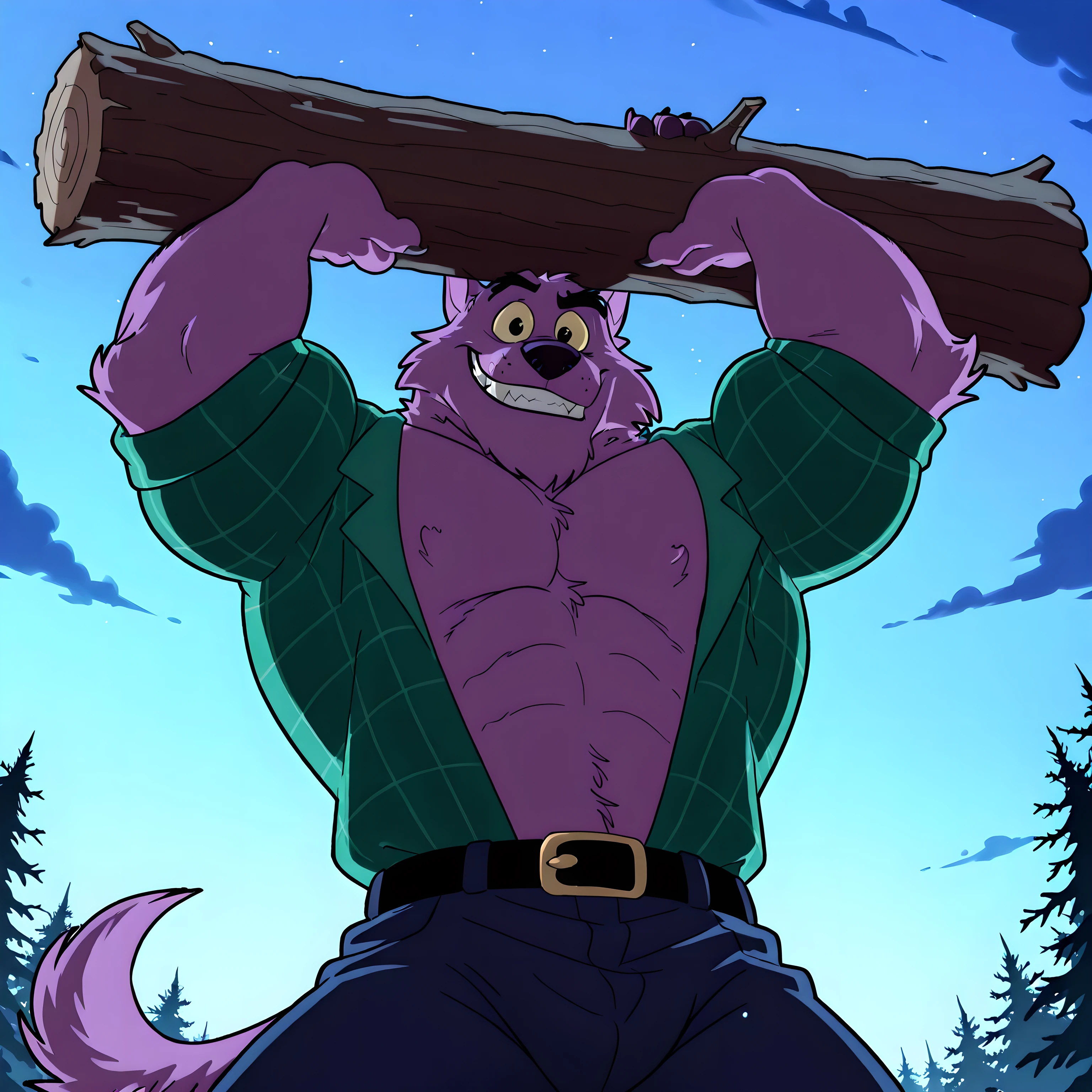 Bernard, Bernard_Mettle, werewolf, purple fur, yellow sclera, furry chest, black belt, dark blue pants, muscular, proud, strong, night background, dark forest, (black forest, blue sky), scary forest, half body, by anhes, looking at viewer, (eyes half closed), big body, solo, teal flannel shirt, open shirt, sexy pose, (low-angle shot, from below), holding a massive log above head, slight grin