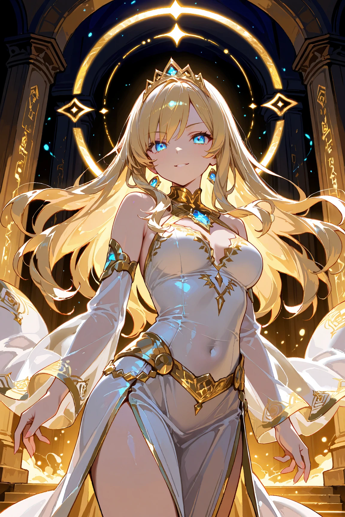 an extremely delicate and beautiful CG illustration, best quality, high resolution, dynamic angle, full length shot, (1girl), yellow eyes and light blonde hair and long and straight, floating, soft light, high-key lighting), closed golden dress, anime girl, extremely detailed hands,