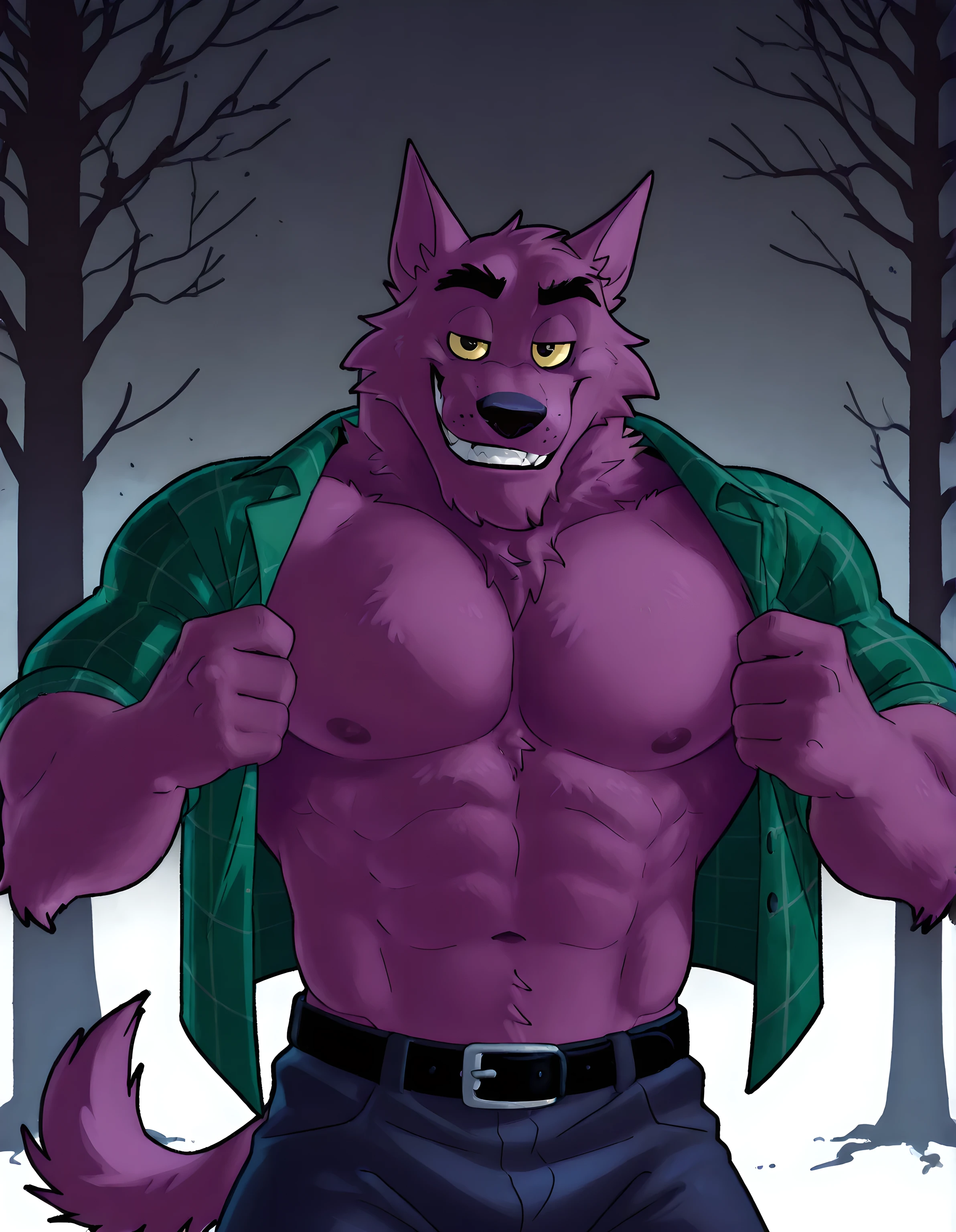 Bernard, Bernard_Mettle, werewolf, purple fur, yellow sclera, furry chest, black belt, dark blue pants, muscular, proud, strong, night background, dark forest, (black forest, black sky), scary forest, half body, by anhes, looking at viewer, (eyes half closed), big body, solo, teal flannel shirt, open shirt, sexy pose, slight grin, t4r4nf1dd13r, holding shirt, spreading shirt, opening shirt, tease