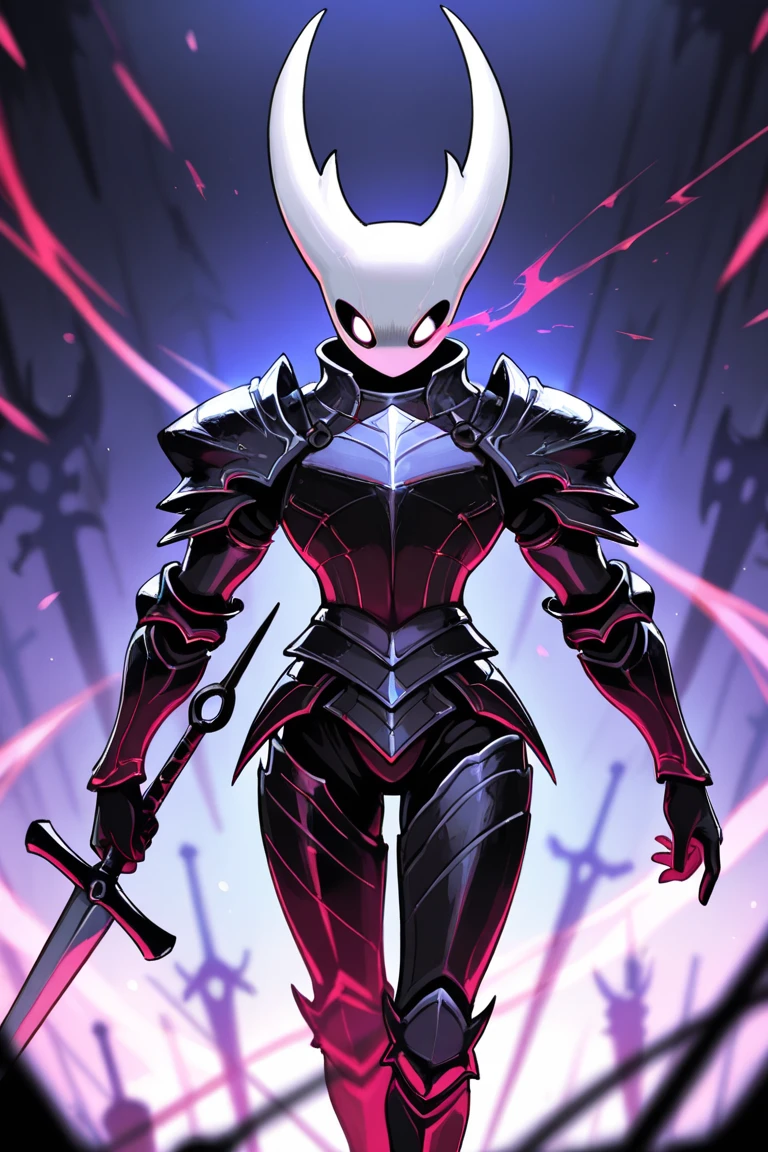 Prompt: woman wearing a pink nun suit, skull face armor, no background, night time


