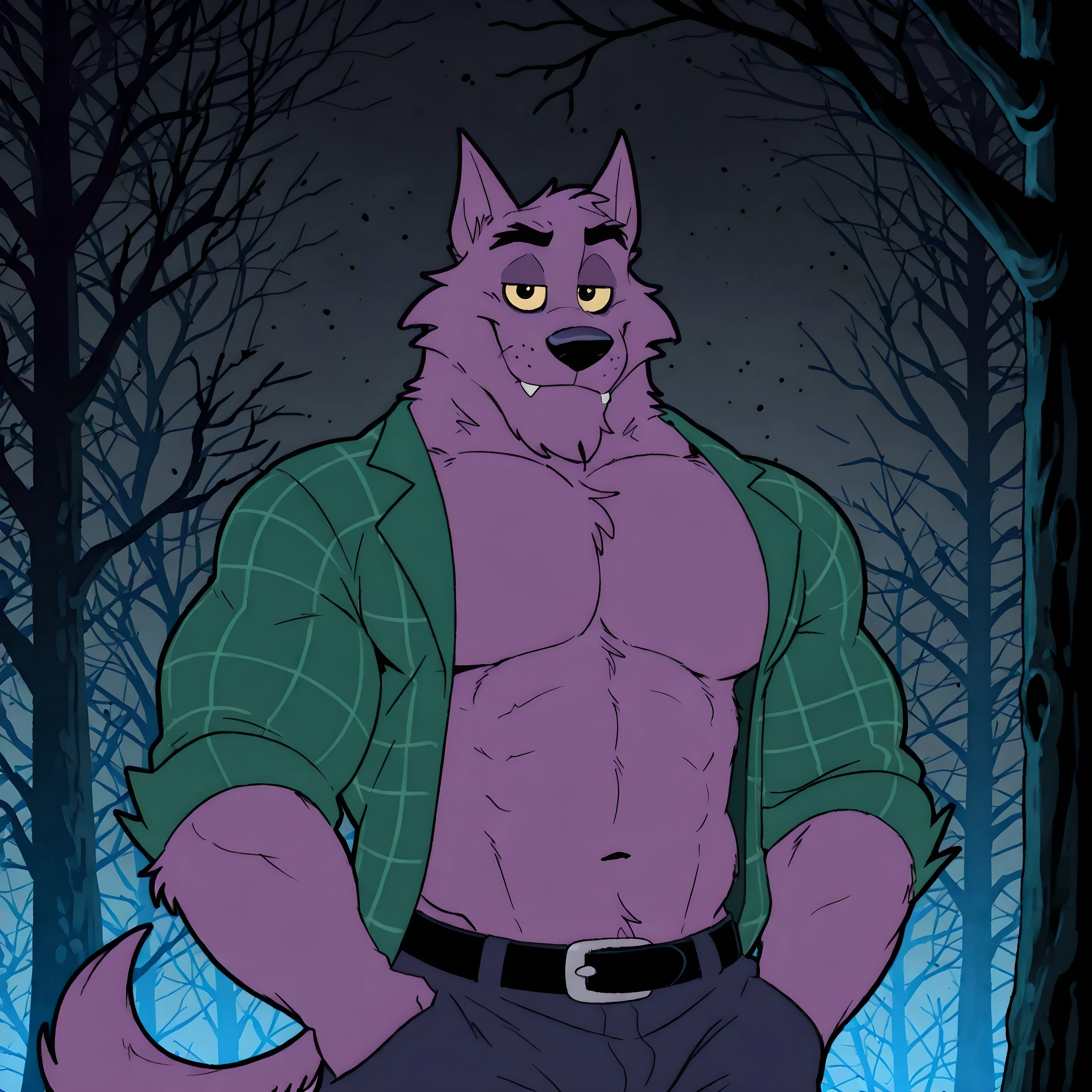 Bernard, Bernard_Mettle, werewolf, purple fur, yellow sclera, furry chest, black belt, dark blue pants, muscular, proud, strong, night background, dark forest, (black forest, black sky), scary forest, half body, by anhes, looking at viewer, (eyes half closed), big body, solo, teal flannel shirt, open shirt, sexy pose, hand in pocket,