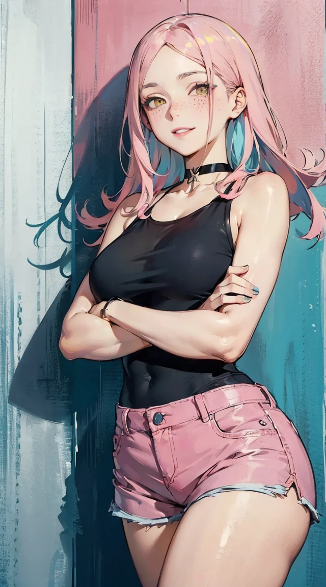 absurdres, best quality,1girl, solo, streaked hair, crop top, denim shorts, choker, (graffiti:1.5),  paint splatter, arms behind back, (slouching), leaning back, ((pink hair)), ((medium breast)), against wall, (leaning to the side:0.25), looking at viewer, armband, thigh strap, streaked hair, paint on body, upturned eyes, head down, head tilt, (from side:0.75), bored, (expressionless:0.75), ，drenched all over the body，seen from the front， hair straight， mostly cloudy sky，（（（tmasterpiece），（Very detailed CG unity 8K wallpaper），best qualtiy，cinmatic lighting，detailed back ground，beatiful detailed eyes，Bright pupils，（Very fine and beautiful），（Beautiful and detailed eye description），ultra - detailed，tmasterpiece，）），facing at camera，（Full body photo），revealing breasts，Bare genitalia， Bulge，Camel toes，frontage，Raised sexy，Flushed complexion，(((cum in tongue))), ((cum in face)), crazy, open mouth, screaming, ahegao, heavy breathing, blush，frontage，high-heels, 、BDSM、、Sex Expressions、((a large amount of cloudy liquid drips from the genitals、Vibrator in )), wet all body((Drenched body)) white milk spill, ((ahegeo face)), blushing face, show boobs, show breasts, show vargina，Show shoes，A high resolution，ultra - detailed），revealing breasts， Bulge，legs are open，Raised sexy，Flushed complexion，Open-mouthed，frontage，full body