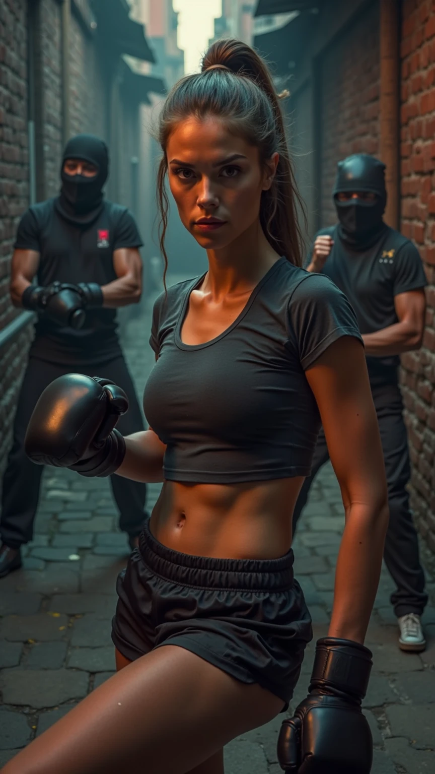  beautiful 30-year-old woman,  strong body, t-shirt and shorts, MMA Gloves, combat position, Dark alley with 2 ninjas in the background, 4k, computer, Foto-realista, vivid colors, high contrast,  action scene ,  medium plane