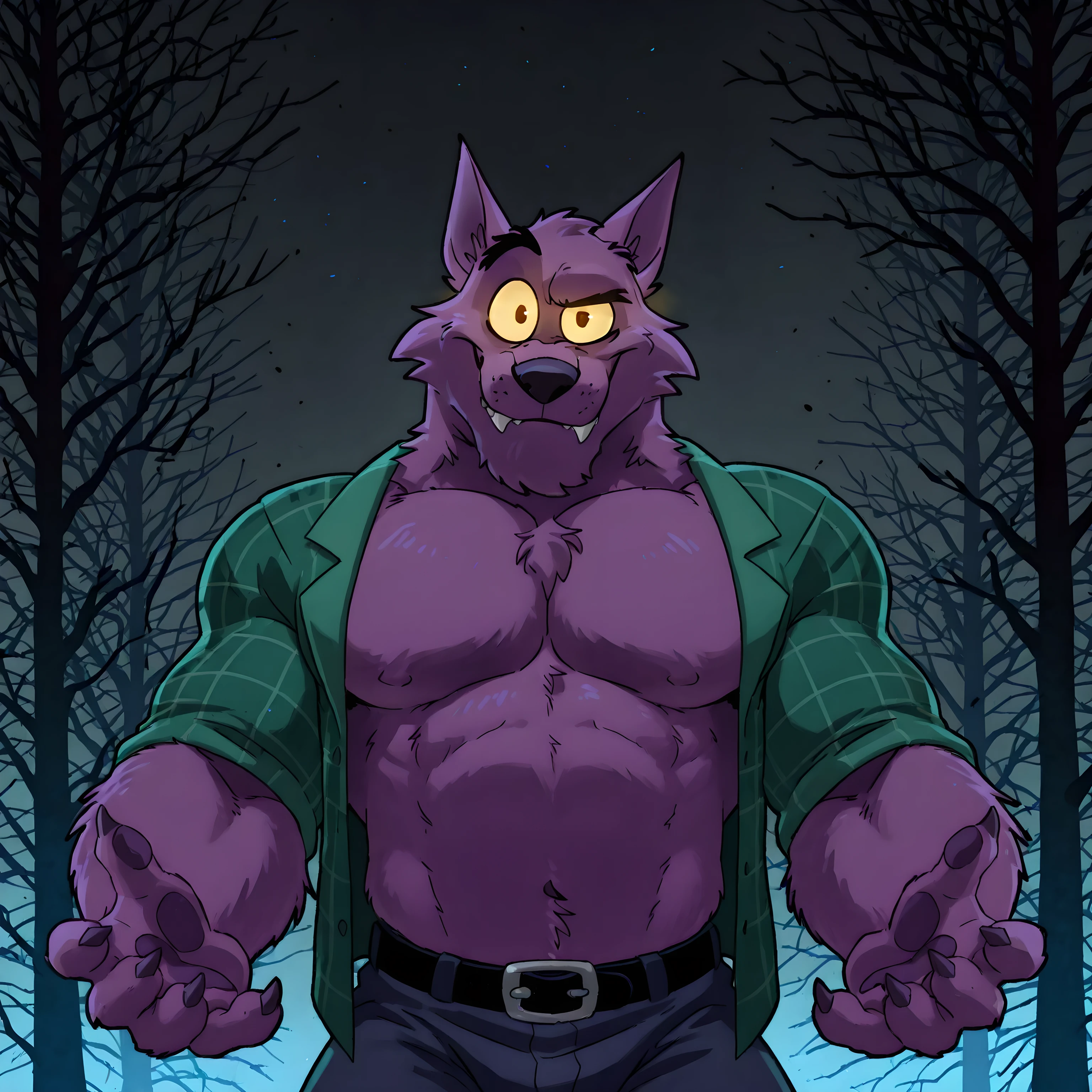 Bernard, Bernard_Mettle, werewolf, purple fur, yellow sclera, furry chest, black belt, dark blue pants, muscular, proud, strong, night background, dark forest, (black forest, black sky), scary forest, half body, by anhes, looking at viewer, (eyes half closed), big body, solo, teal flannel shirt, open shirt, (dark, darkness, in darkness), glowing eyes, claws, fangs