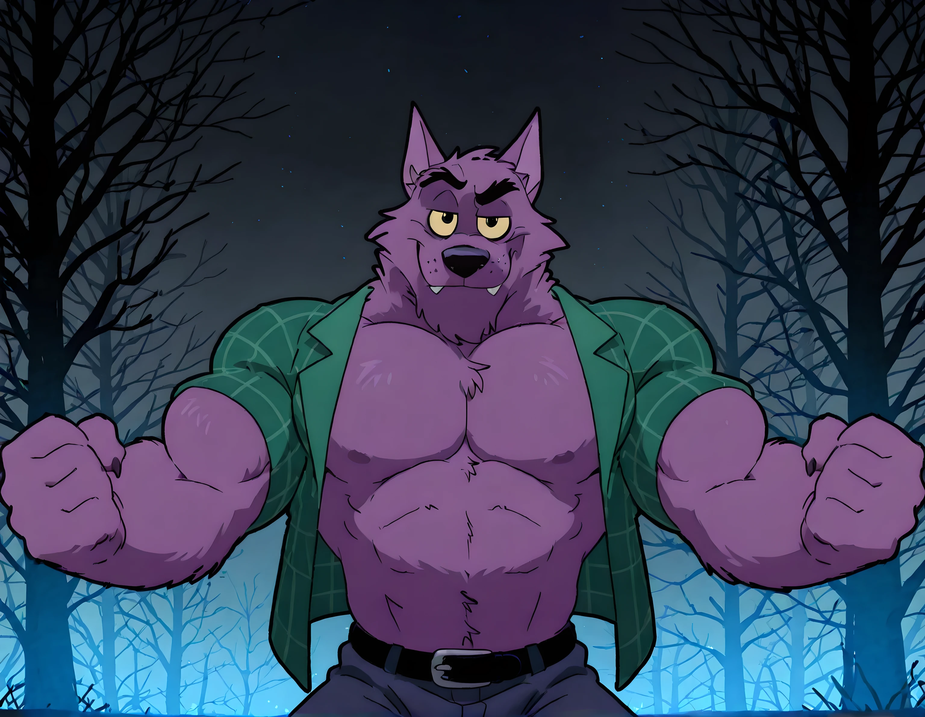 Bernard, Bernard_Mettle, werewolf, purple fur, yellow sclera, furry chest, black belt, dark blue pants, muscular, proud, strong, night background, dark forest, (black forest, black sky), scary forest, half body, by anhes, looking at viewer, (eyes half closed), big body, solo, teal flannel shirt, open shirt, clenching fists, (arms spread), bulging arms, strong chest