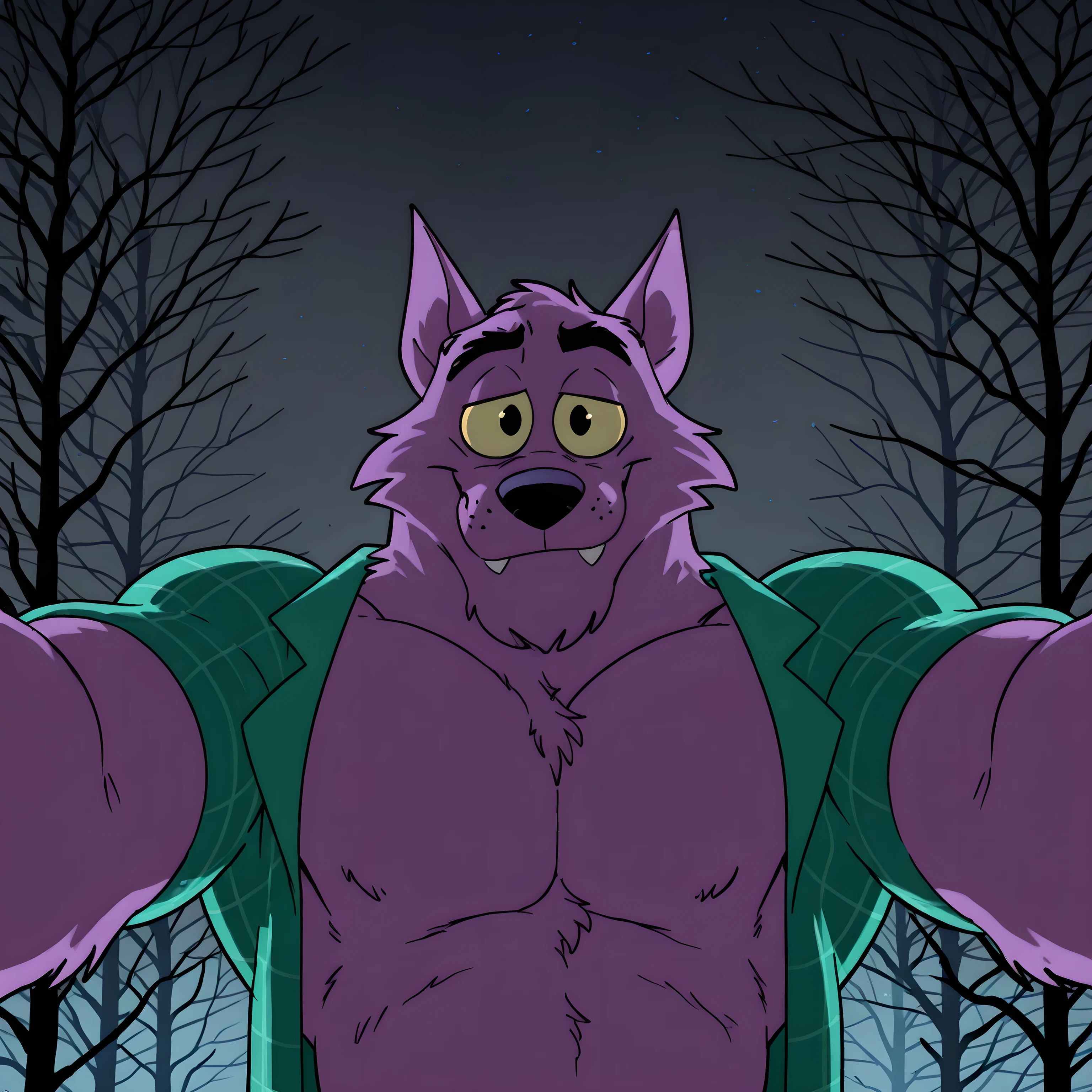 Bernard, Bernard_Mettle, werewolf, purple fur, yellow sclera, furry chest, muscular, proud, strong, night background, dark forest, (black forest, black sky), scary forest, half body, by anhes, looking at viewer, (eyes half closed), big body, solo, teal flannel shirt, open shirt, (hugging viewer, arms spread), bulging arms, strong chest, close-up