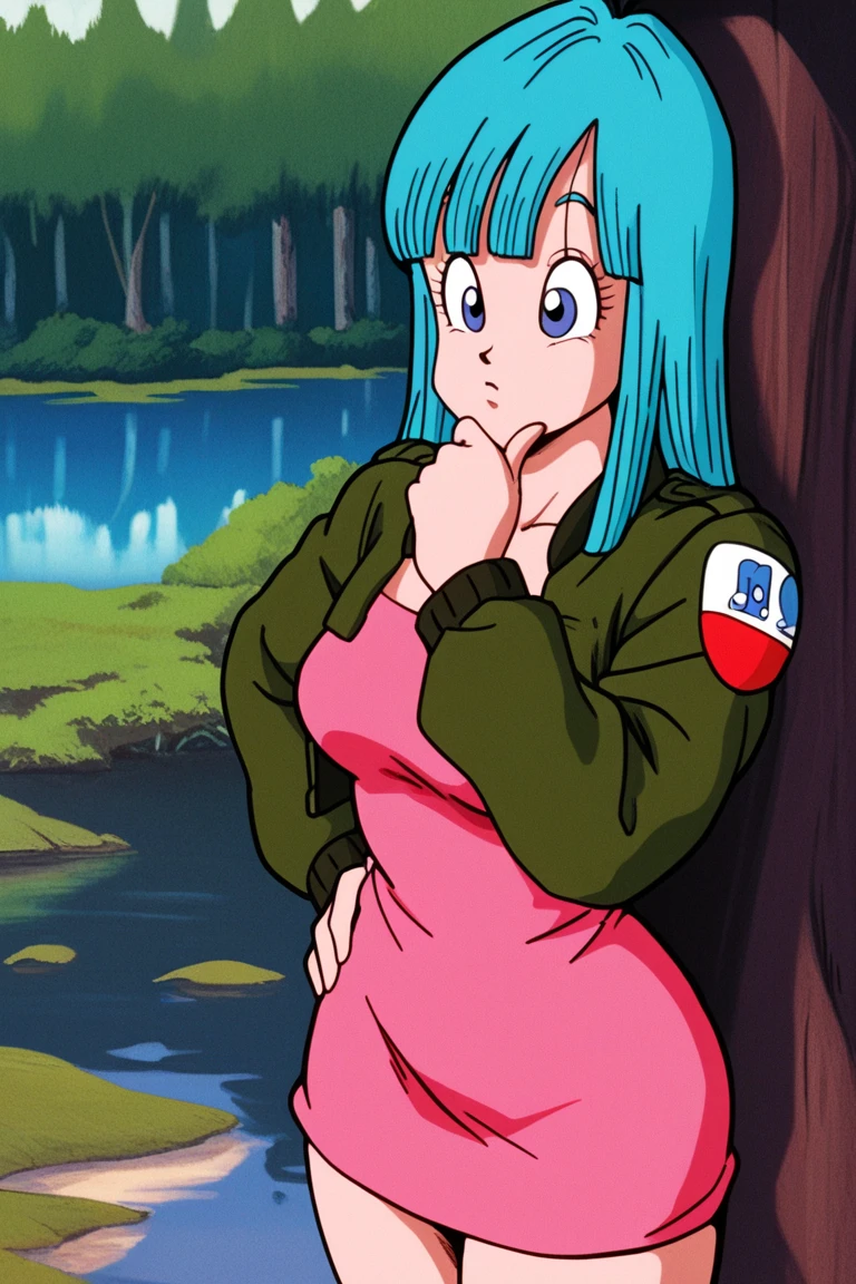 masterpiece,best quality, 1girl, solo,maron, aqua hair, blue eyes, leold style, blunt bangs,pink short dress, dark green cropped jacket, long sleeves, hand to own chin,thinking, lake, forest, nature ,medium breasts,collarbone,eyelashes,hand on own hip,shoulder patch,(from side:0.5), big eyes