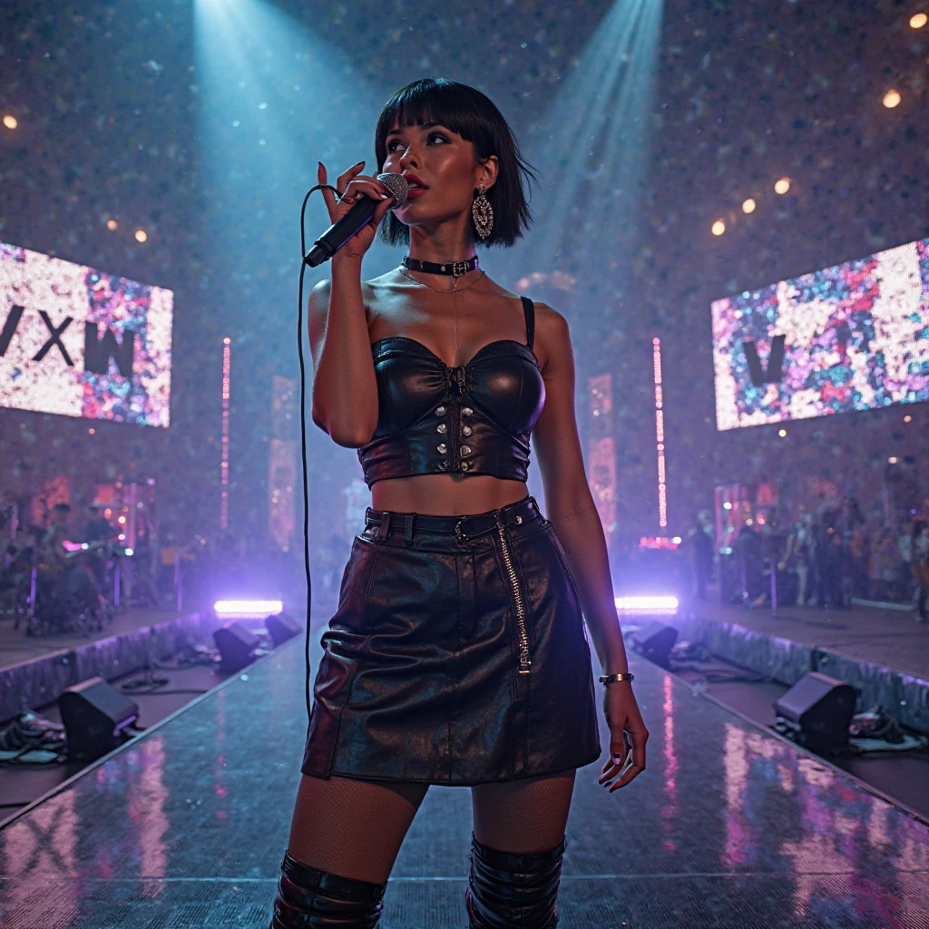 <lora:BrenndaMartins:0.7> brennda, a woman dancing in a (music tv show stage), wearing (sequin bodysuit and (black transparent short skirt)), ((fullbody photo)), (perfect face, detailed face), dynamic lighting, bokeh, 135mm, 8k, super detail, ccurate, best quality
