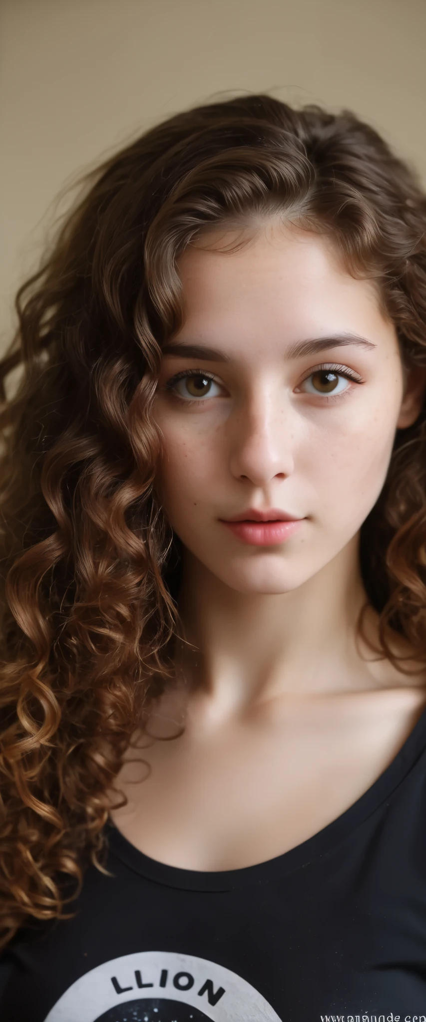 (indistinguishable from reality:1.4), 1girl, portrait of a beautiful 25 y.o , (detailed facial features), (freckles:0.2), (acne:0.1), long thick luxurious curly hair, beautiful Jewish nose, shy smile, posing on the wall , ultra detailed texture Black T- Shirt, , Nikon FM2, 35mm SLR