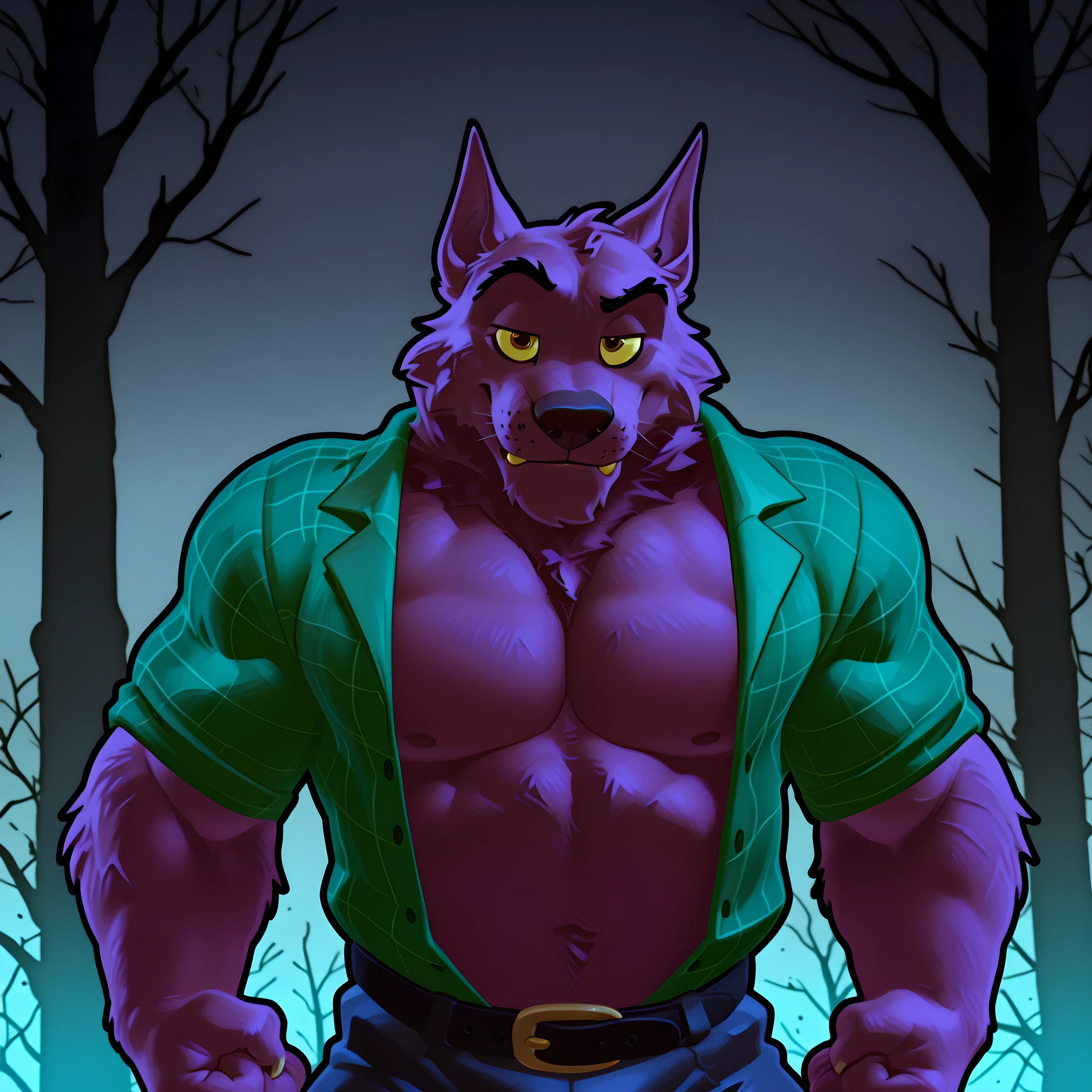 Bernard, Bernard_Mettle, werewolf, purple fur, yellow sclera, furry chest, black belt, dark blue pants, muscular, proud, strong, night background, dark forest, (black forest, black sky), scary forest, half body, by anhes, looking at viewer, (eyes half closed), big body, solo, teal flannel shirt, open shirt, clenching fists, (arms spread), bulging arms, strong chest, t4r4nf1dd13r