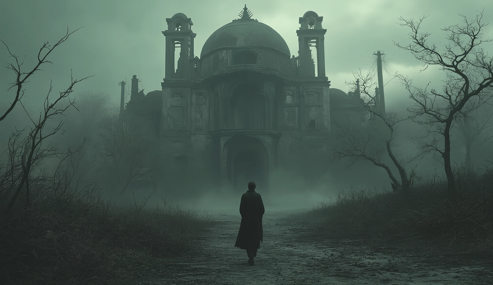 Mahmoud stands alone in front of the abandoned palace, staring at its dark windows, while the wind is moving dead trees around him.