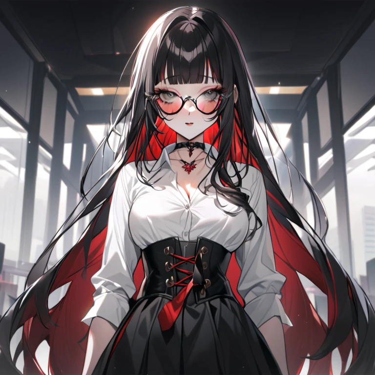 <lora:DarkHoodies:1> ([hoodie|GothGal|DRK_Glam,armor]::0.55), dark armor, GothGal_hoodie,, ultra detailed, masterpiece, best quality, aesthetic, detailed,, solo, smug smile, 1girl, purple eyes, red-framed eyewear, (black hair, red colored tips:1.2), red streaked hair, very long hair, side ponytail, tied hair, medium breasts,
