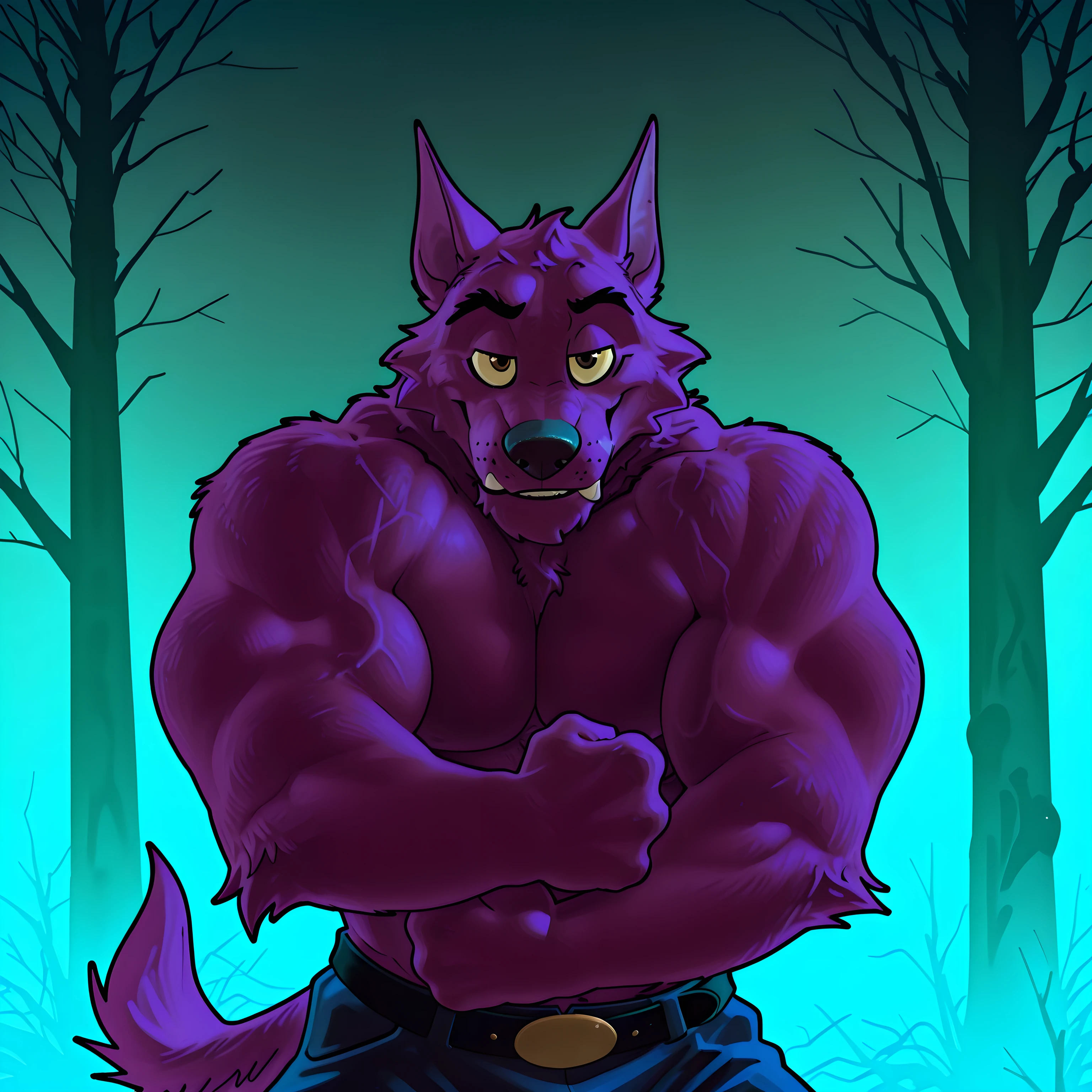 Bernard, Bernard_Mettle, werewolf, purple fur, yellow sclera, furry chest, black belt, dark blue pants, muscular, proud, strong, night background, dark forest, (black forest, black sky), scary forest, half body, by anhes, looking at viewer, (eyes half closed), big body, solo, shirtless, clenching fists, (mimicing a hug), bulging arms, strong chest, t4r4nf1dd13r
