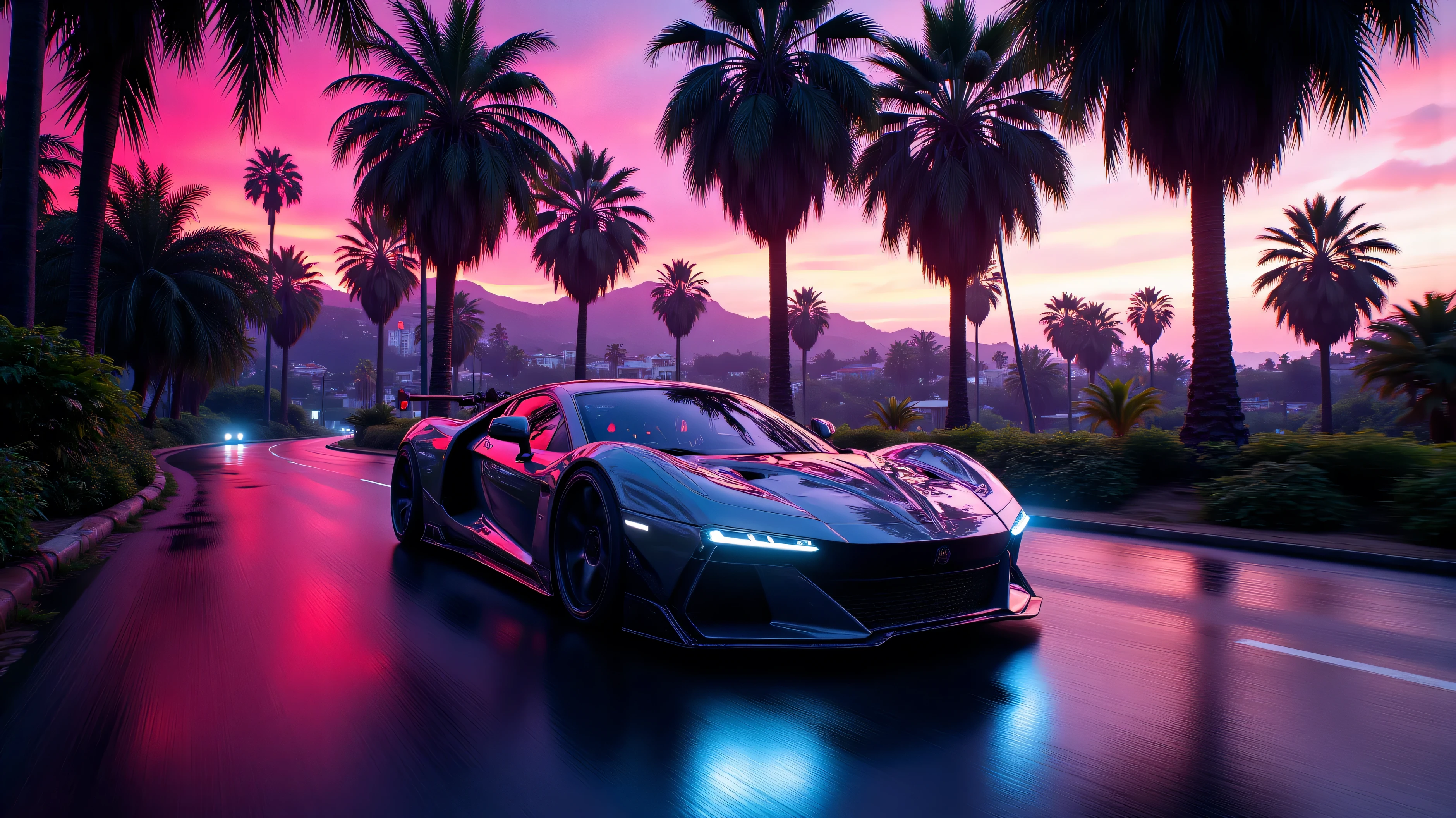 retrowave  car road palms