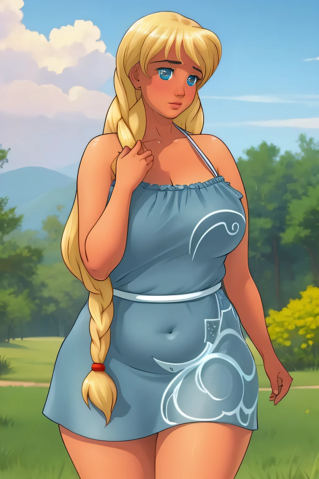 ((masterpiece)), ((realistic art)), ((anime)), ((perfect quality)), (very chubby), (night), ((best quality)), ((solo)), ((girl)), sl, blonde hair, (full body art), face : [very beautiful face, realistic, detailed, (perfect face), plump face, plump cheeks], pose : [(holding belly)], emotions : [ (ashamed), (blushed), red cheeks ], (large breasts), figure : [ (very full body), (huge breasts), (very fat), (very thick), (very chubby), (very sexy), (sexy curves), (very curvy), (very plump), (large breasts), (wide waist), (belly bulge), (very chubby belly), (fat rolls), (belly rolls), (very chubby belly bottom), (big deep navel), (very fat ass), (very fat thighs), (thunder thighs) ], (too fat for clothes), clothes : [ (tight blue dress), (dress is too tight) ]