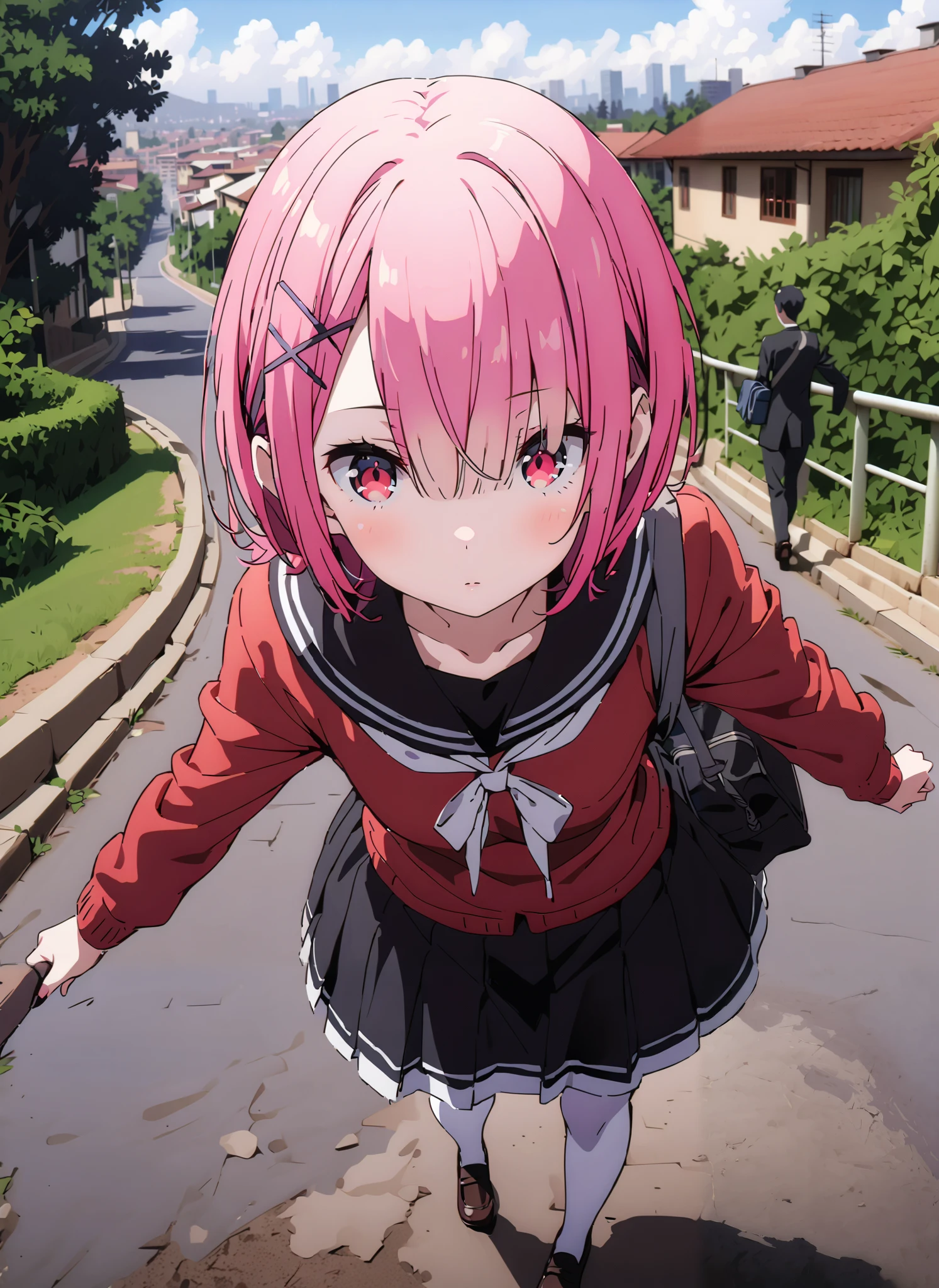 Ram, hair flower, hair ornaments close to the garden, hair that hangs over one eye, pink hair, red eyes, short hair, x hair ornaments close to the garden,Black sailor suit, red cardigan , Long Sleeve, black mini pleated skirt ,white thigh high socks,loafers,School bag,Walking,morning,Beautiful cityscape,full bodyがイラストに入るように,break outdoors, residential area,
break looking at viewer,full body,
break (masterpiece:1.2),Best Quality , kampala, Unity 8K Wallpaper ,(shape:0.8),( fine, beautiful eyes :1.6),It's a person ,full body写真,CG Details , (perfect hands, complete anatomy),,