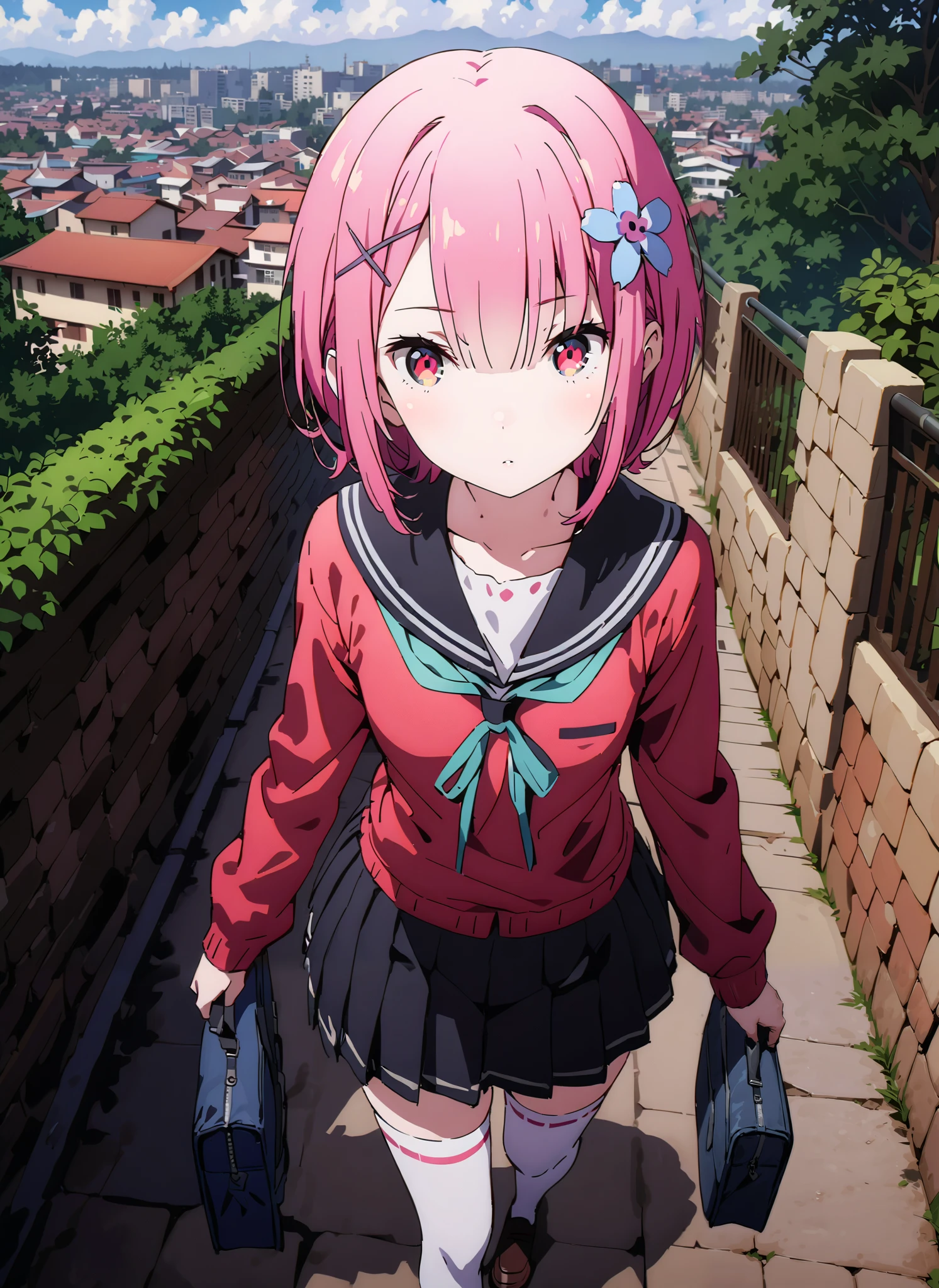 Ram, hair flower, hair ornaments close to the garden, hair that hangs over one eye, pink hair, red eyes, short hair, x hair ornaments close to the garden,Black sailor suit, red cardigan , Long Sleeve, black mini pleated skirt ,white thigh high socks,loafers,School bag,Walking,morning,Beautiful cityscape,full bodyがイラストに入るように,break outdoors, residential area,
break looking at viewer,full body,
break (masterpiece:1.2),Best Quality , kampala, Unity 8K Wallpaper ,(shape:0.8),( fine, beautiful eyes :1.6),It's a person ,full body写真,CG Details , (perfect hands, complete anatomy),,